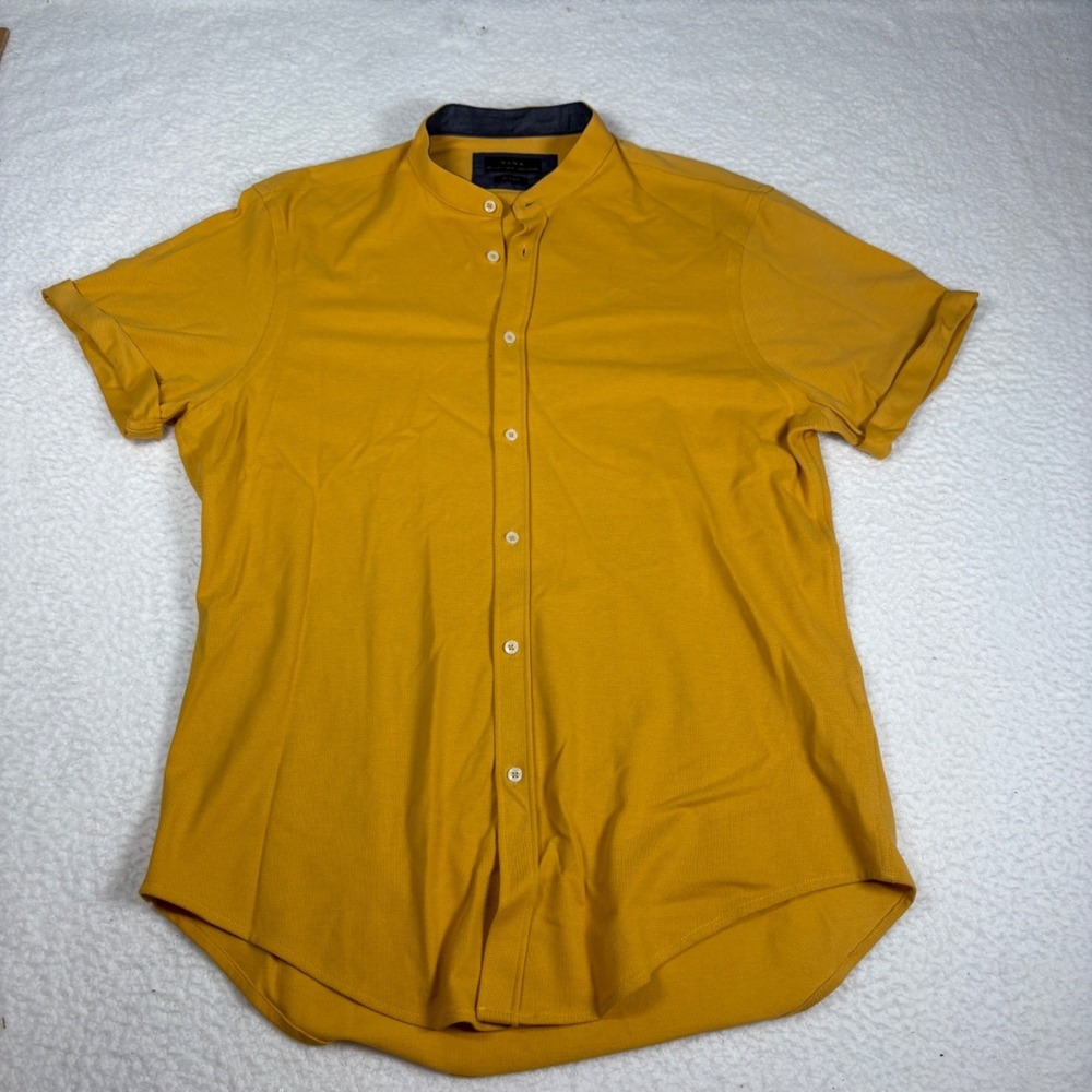 Zara Mens Large Button Down Slim Fit Mustard Yellow Short Sleeve Shirt